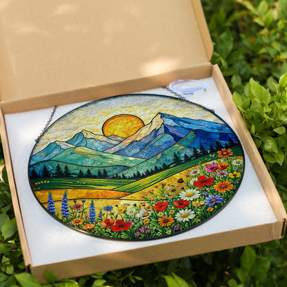 Mountain Landscape Glass Window Hanging, Sunrise Nature Panel Decor, Wildflower Scenic Hanging Ornament, Cabin Home Decor Gift