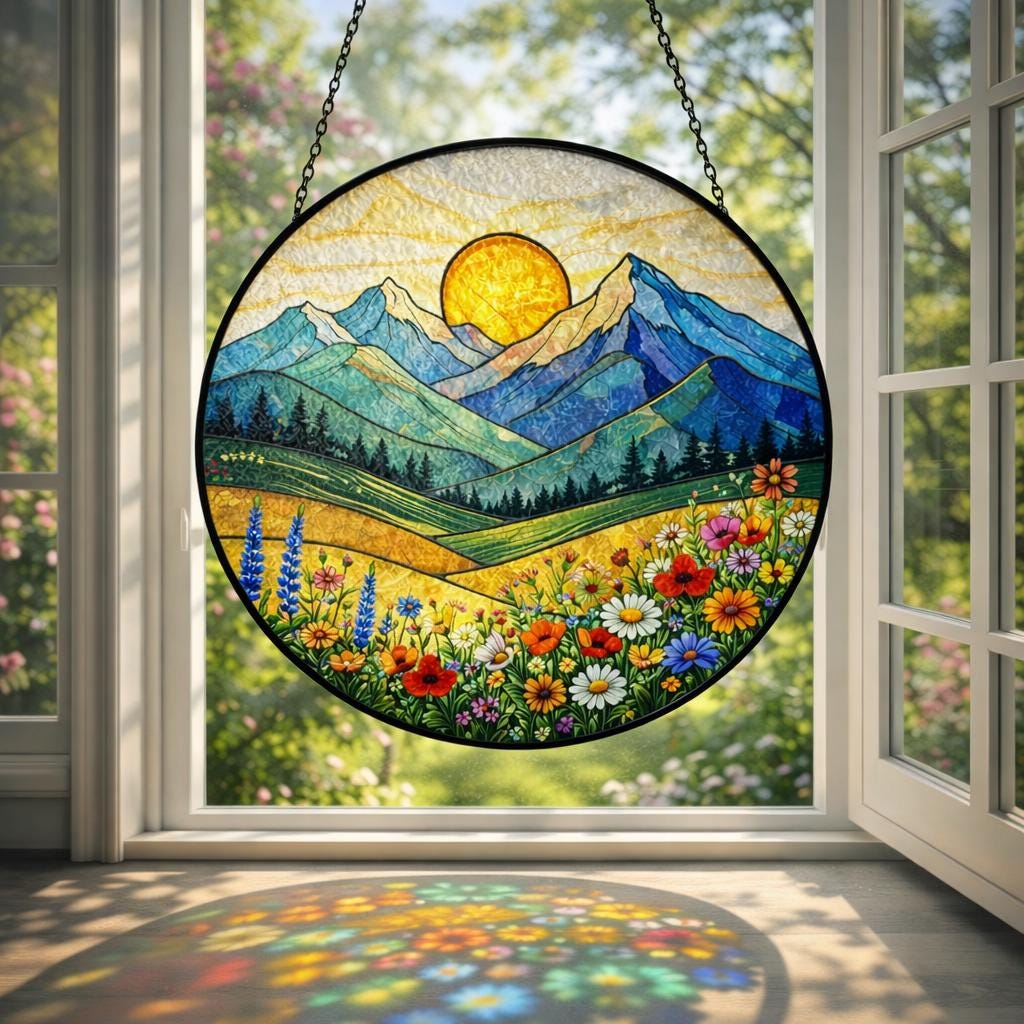 Mountain Landscape Glass Window Hanging, Sunrise Nature Panel Decor, Wildflower Scenic Hanging Ornament, Cabin Home Decor Gift