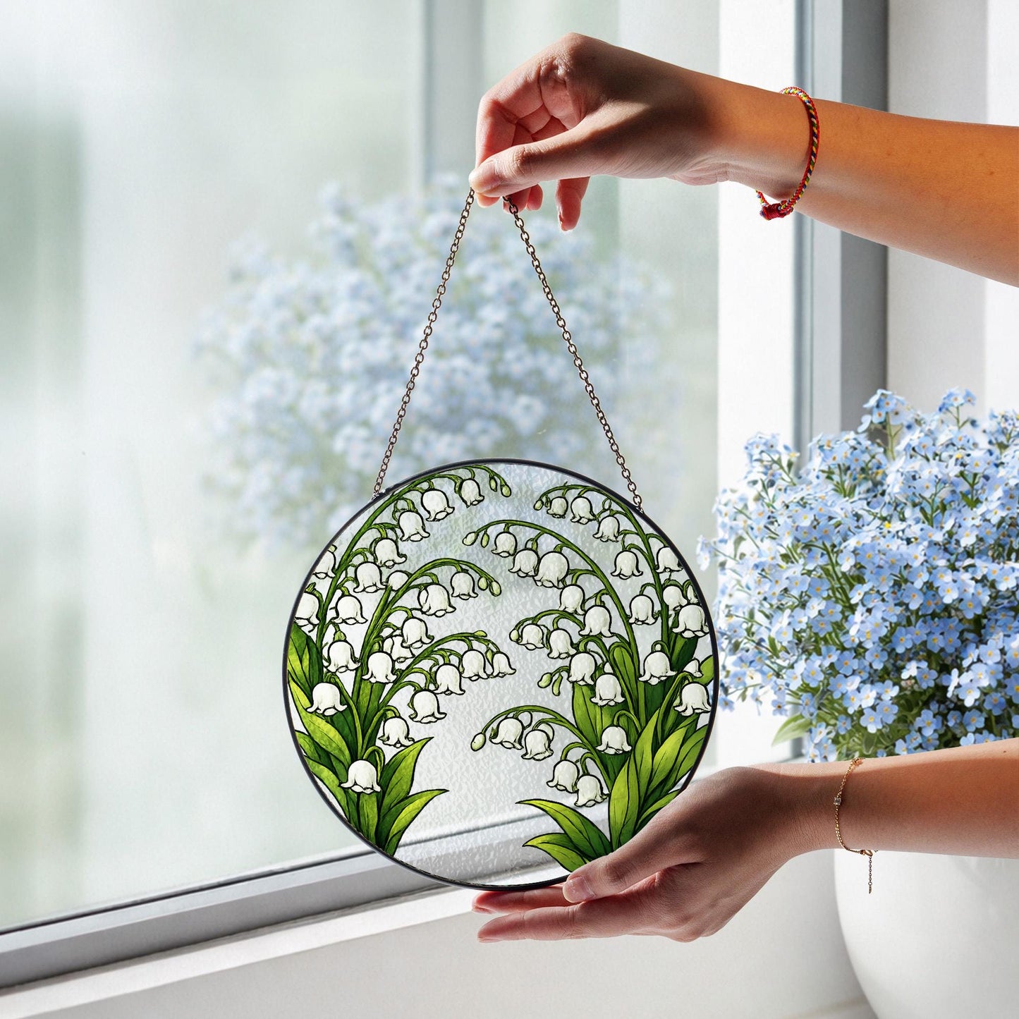 Lily of the Valley Stained Glass Window Hanging, Floral Suncatcher Panel, Botanical Decor, Spring Flower Glass Art Gift