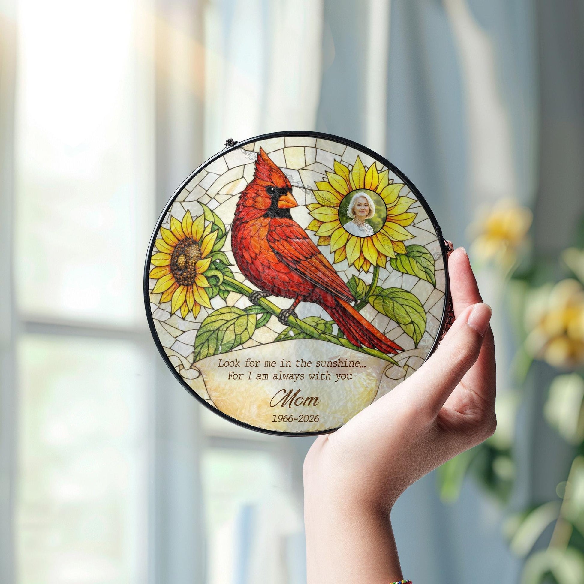 Cardinal Memorial Stained Glass Window, Sympathy Gift with Photo, Personalized Remembrance Window Hanging, In Loving Memory Gift