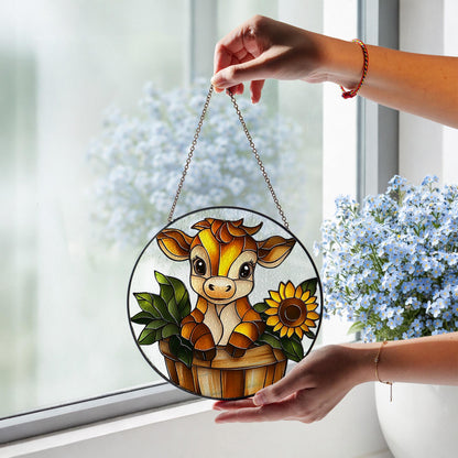 Stained Glass Cow Window Hanging, Cute Farm Animal Decor with Sunflower, Rustic Country Gift