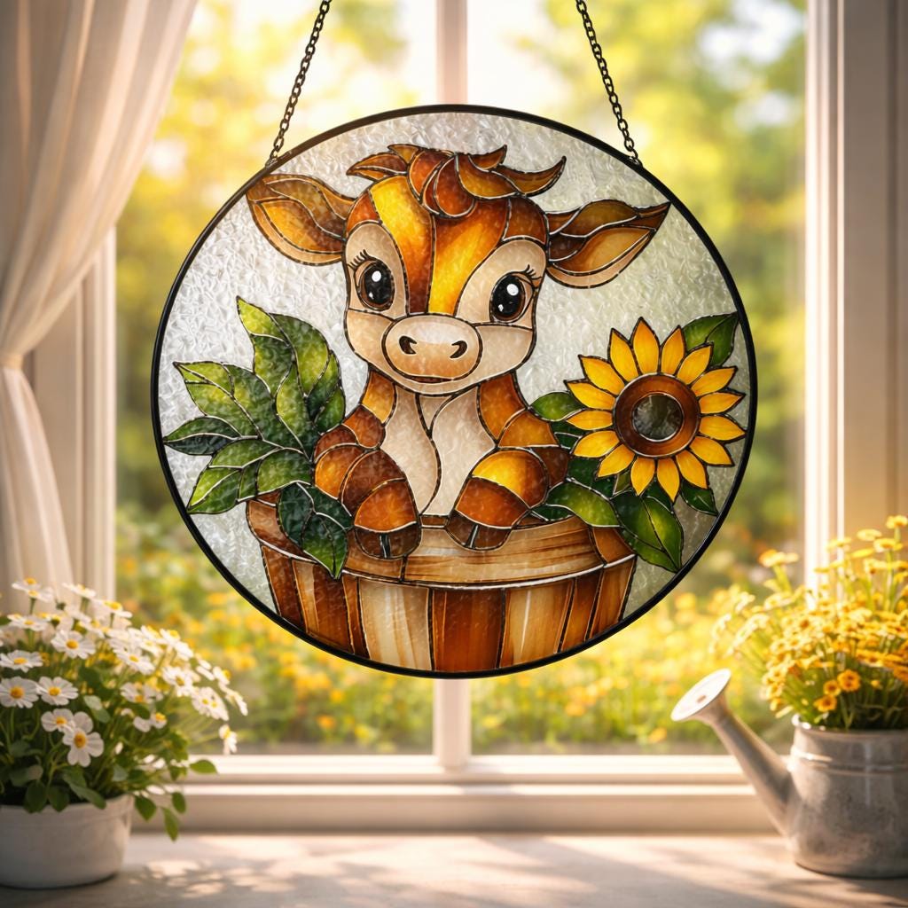 Stained Glass Cow Window Hanging, Cute Farm Animal Decor with Sunflower, Rustic Country Gift