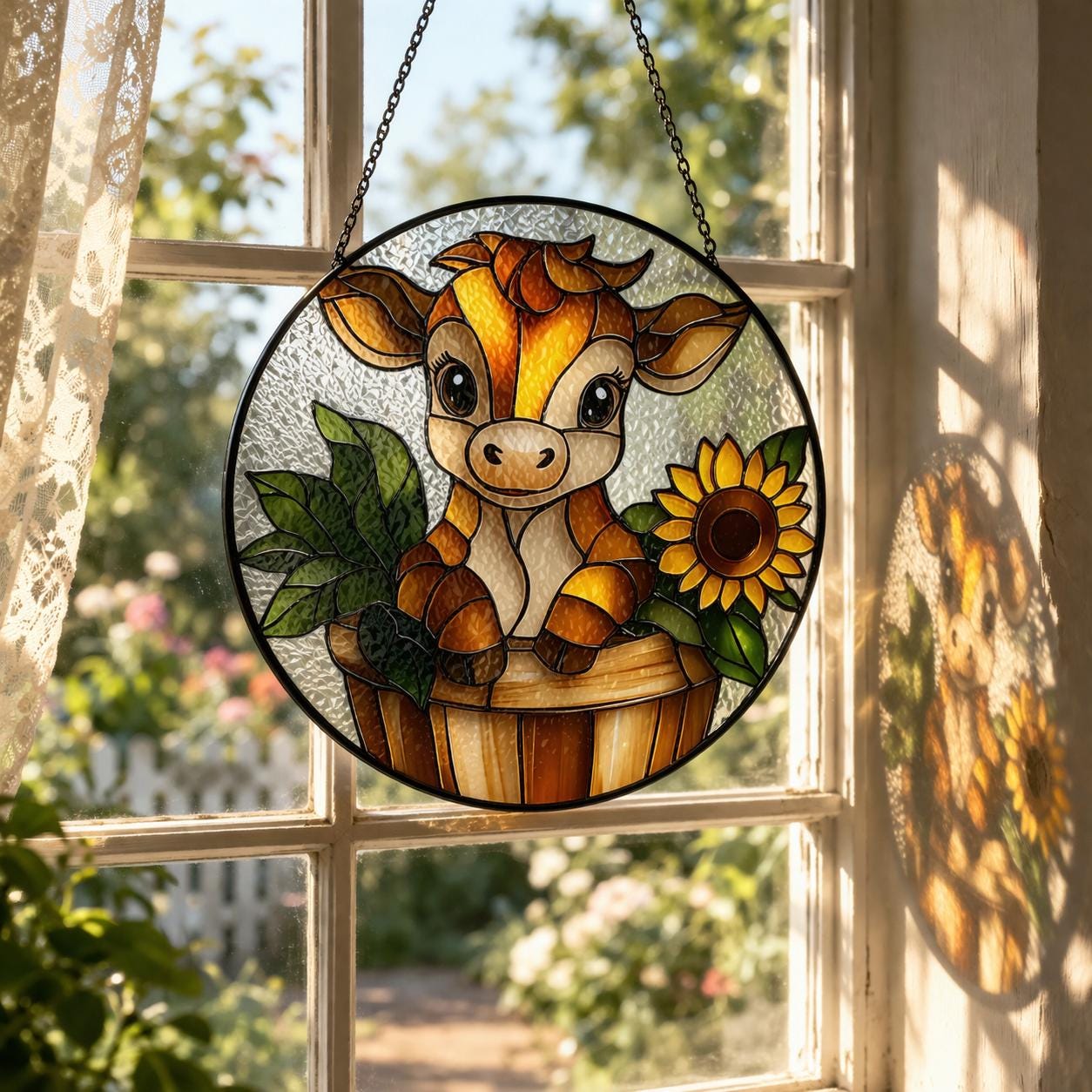 Stained Glass Cow Window Hanging, Cute Farm Animal Decor with Sunflower, Rustic Country Gift