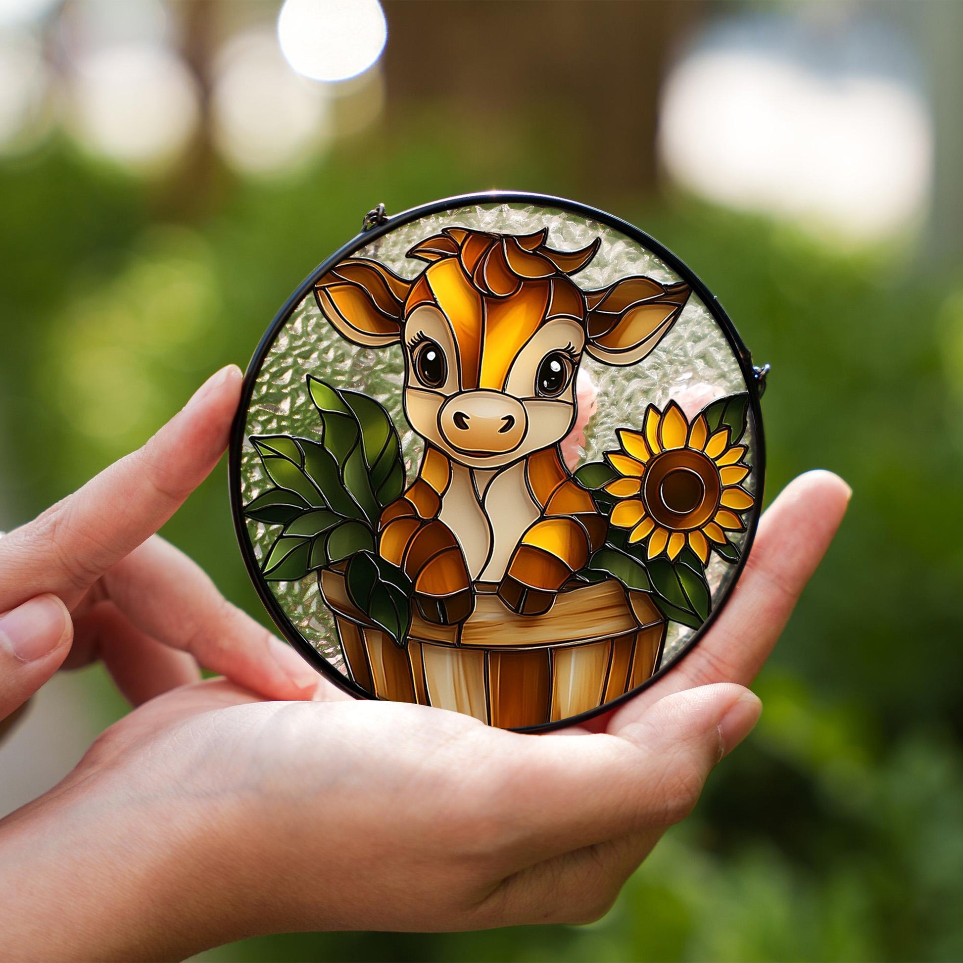 Stained Glass Cow Window Hanging, Cute Farm Animal Decor with Sunflower, Rustic Country Gift