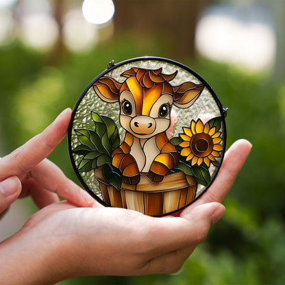 Stained Glass Cow Window Hanging, Cute Farm Animal Decor with Sunflower, Rustic Country Gift
