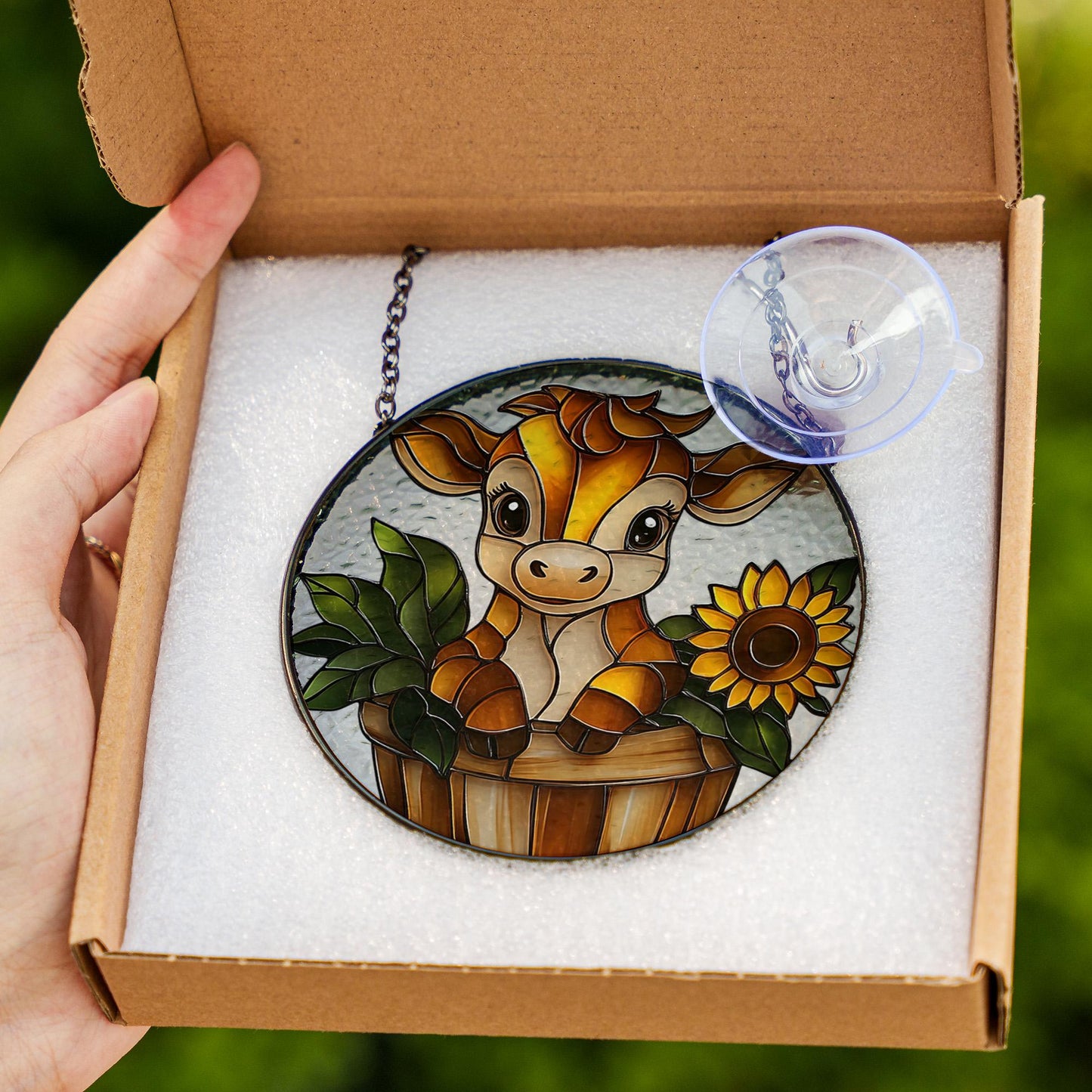 Stained Glass Cow Window Hanging, Cute Farm Animal Decor with Sunflower, Rustic Country Gift