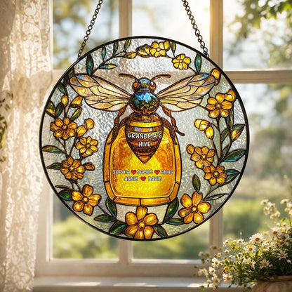 Personalized Bee Glass Window Hanging, Custom Name Honey Jar Decor, Grandma Gift Floral Art