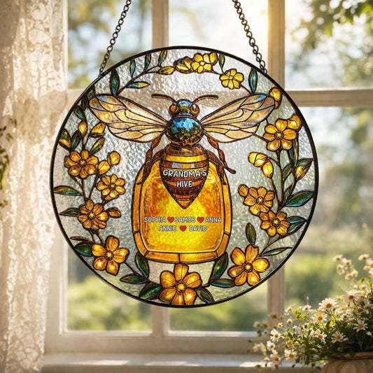 Personalized Bee Glass Window Hanging, Custom Name Honey Jar Decor, Grandma Gift Floral Art