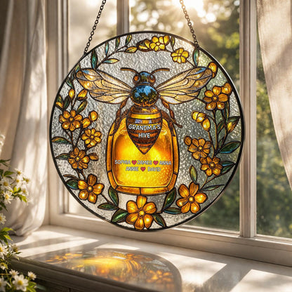 Personalized Bee Glass Window Hanging, Custom Name Honey Jar Decor, Grandma Gift Floral Art
