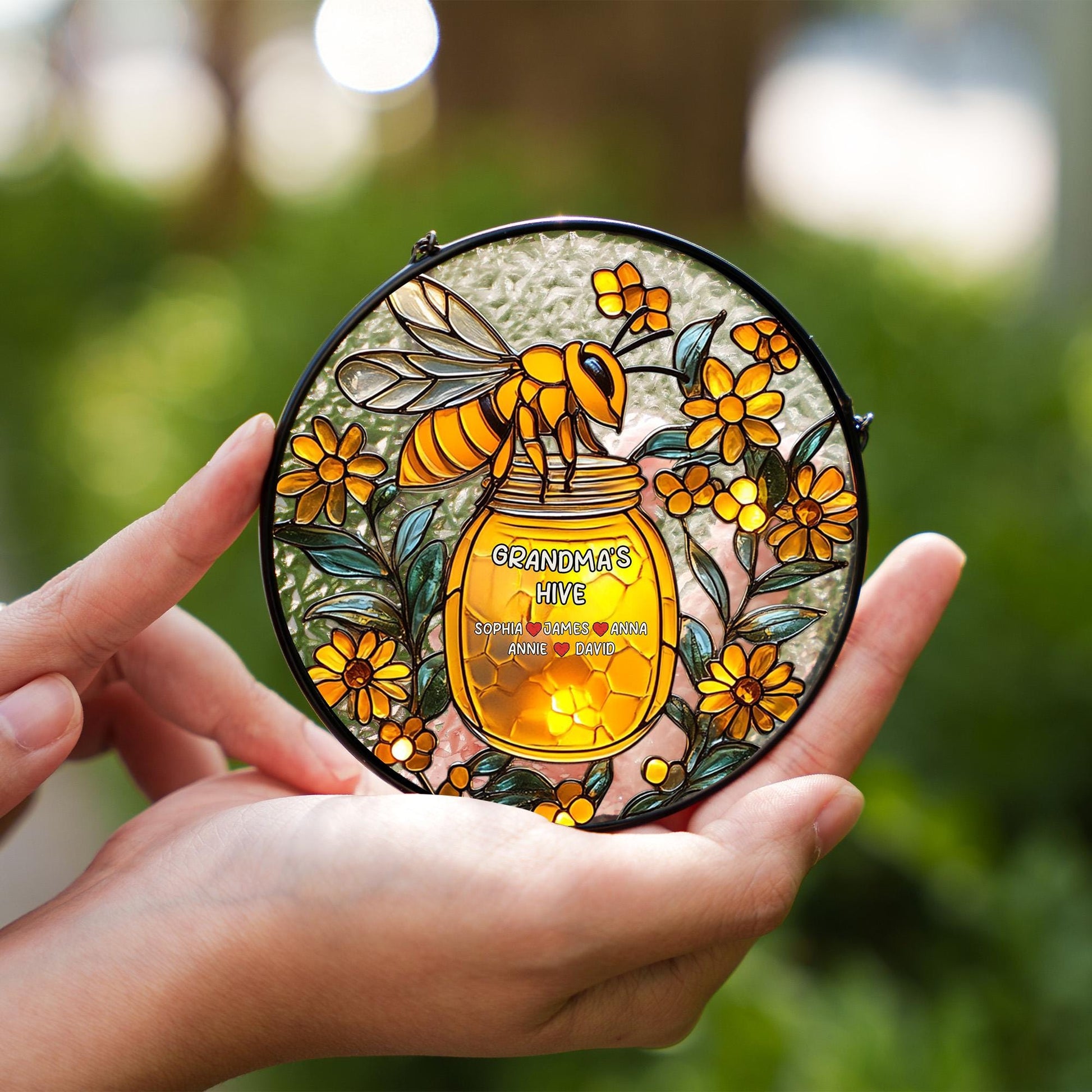 Bee Glass Window Hanging Personalized, Honey Jar Floral Decor, Custom Name Rustic Home Gift