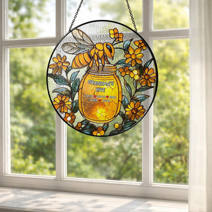 Bee Glass Window Hanging Personalized, Honey Jar Floral Decor, Custom Name Rustic Home Gift